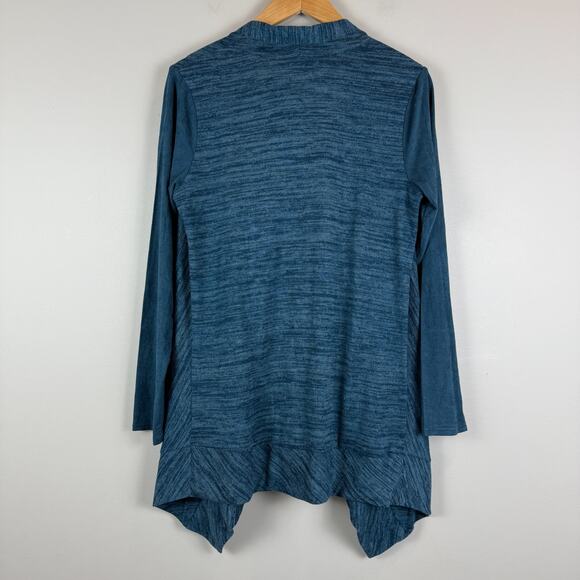 Logo Lori Goldstein Cardigan Women XS Blue Faux Suede Sleeve Asymmetric Relaxed - Picture 2 of 7